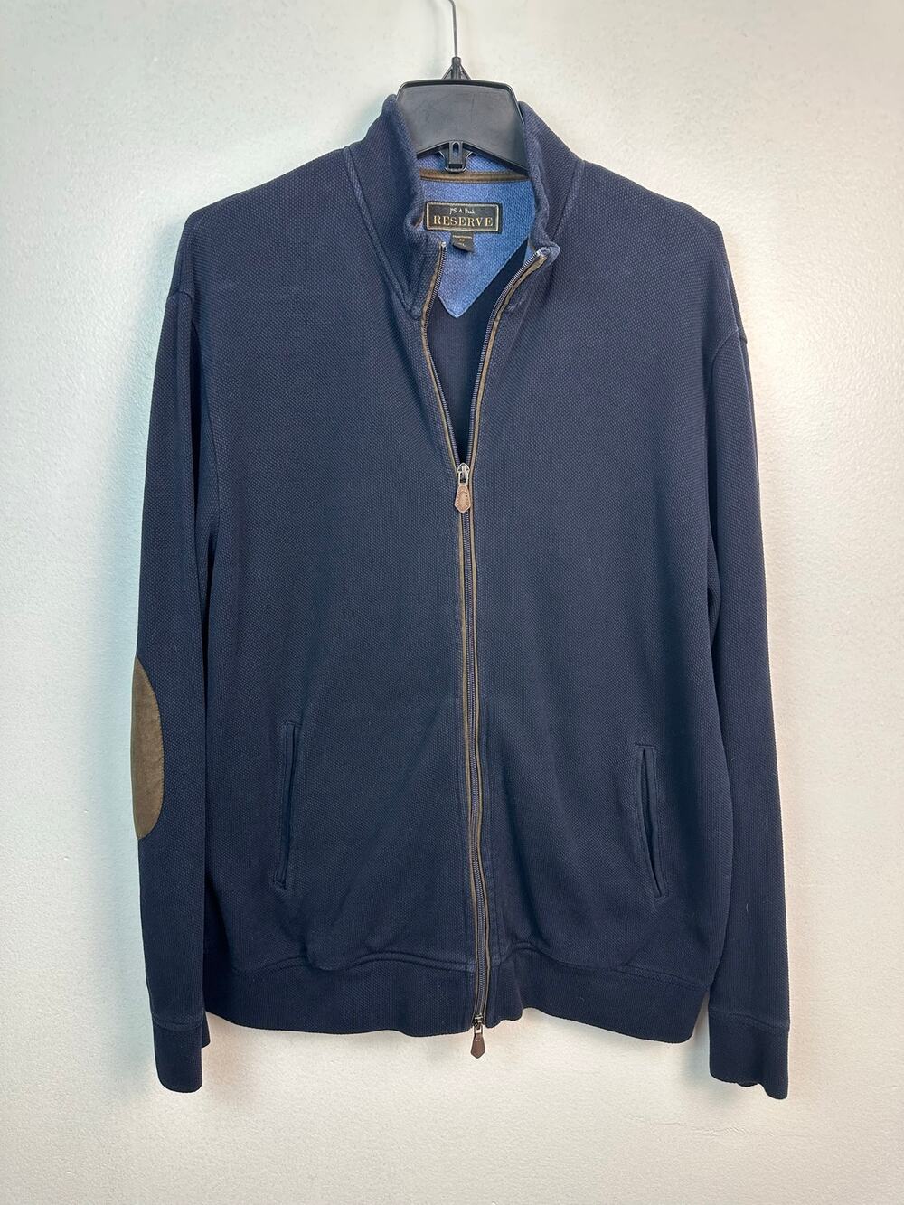 Jos A Bank Reserve Men Navy Blue Full Zip Mock Neck Sweater Elbow Patches Sz XL